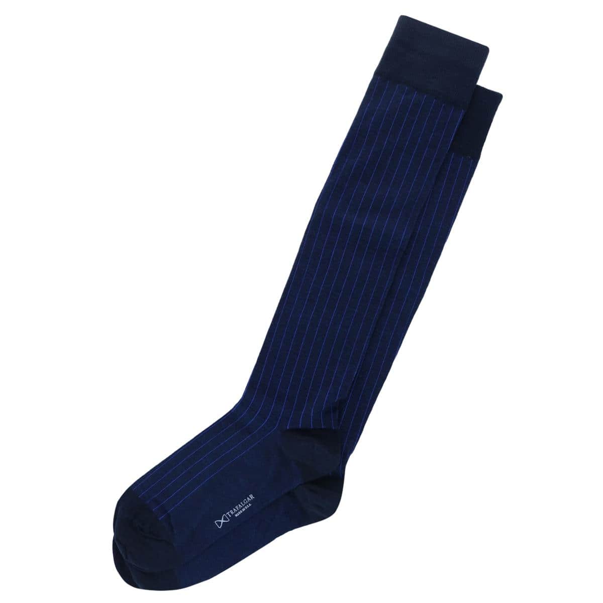 Valentino Vertical Stripe Over the Calf Mercerized Cotton Sock - Navy with Royal Blue Stripes