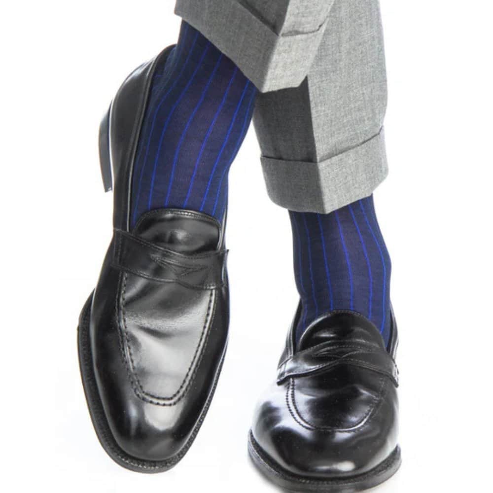 Valentino Vertical Stripe Over the Calf Mercerized Cotton Sock - Navy with Royal Blue Stripes