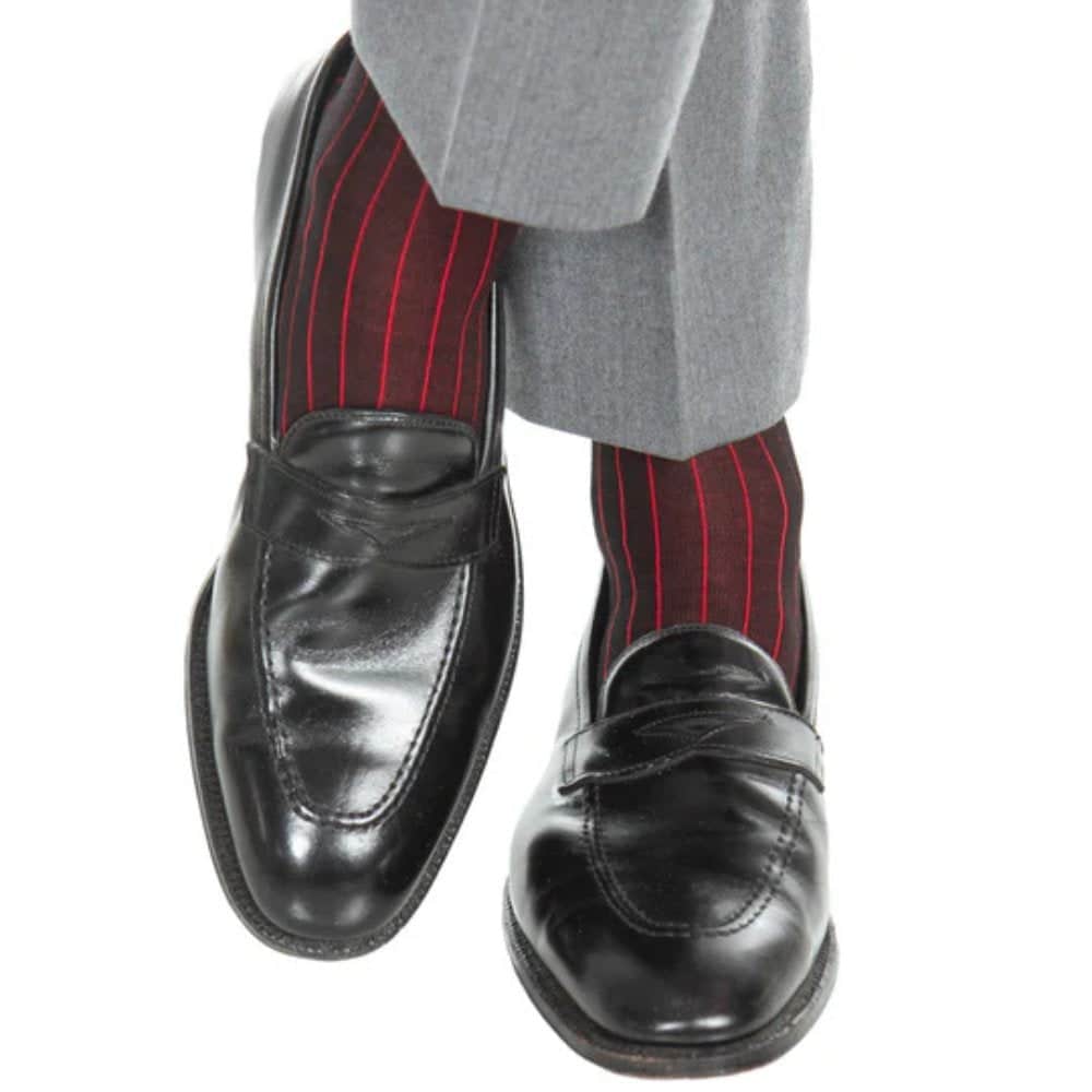 Valentino Vertical Stripe Over the Calf Mercerized Cotton Sock - Black with Red Stripes