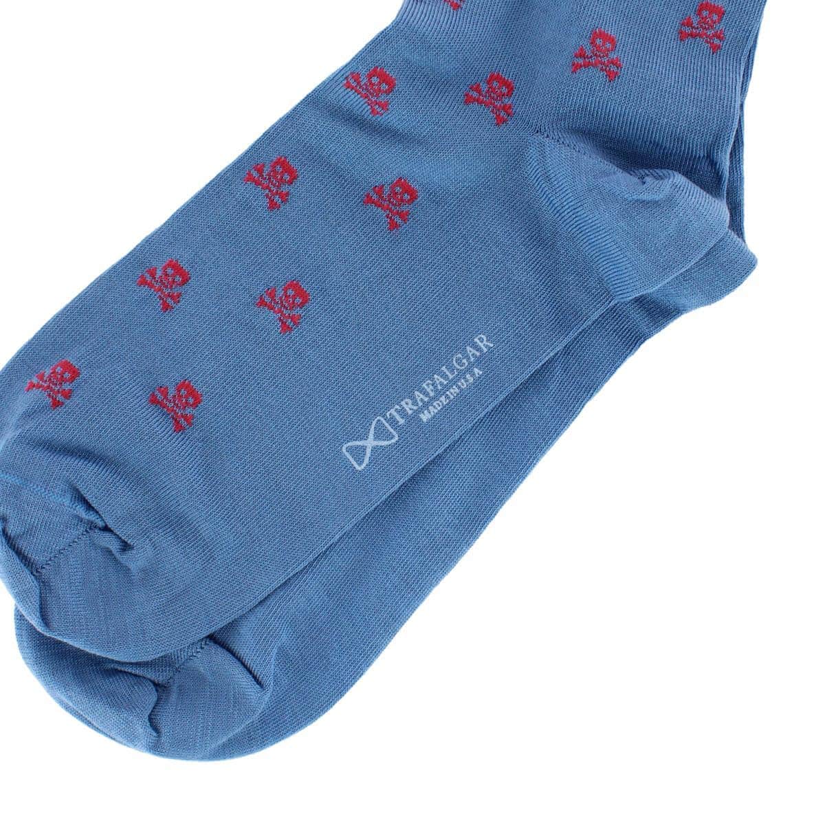 Pirate's Skull & Crossbones Pima Cotton Over The Calf Novelty Dress Sock (1 Pair) - Azure Blue