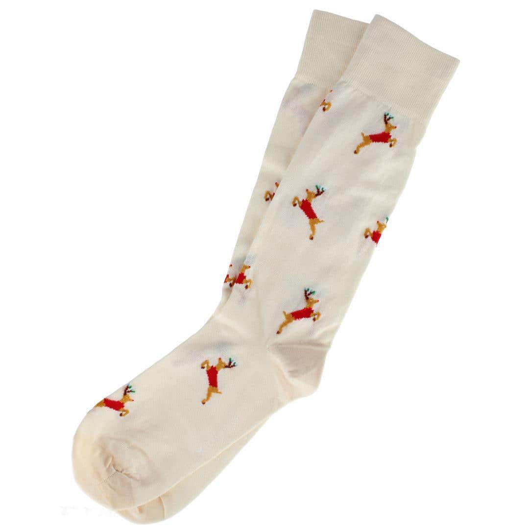 Flying Reindeer on Christmas Eve Novelty Mid Calf Mercerized Cotton Socks (1 Pair) - Cream