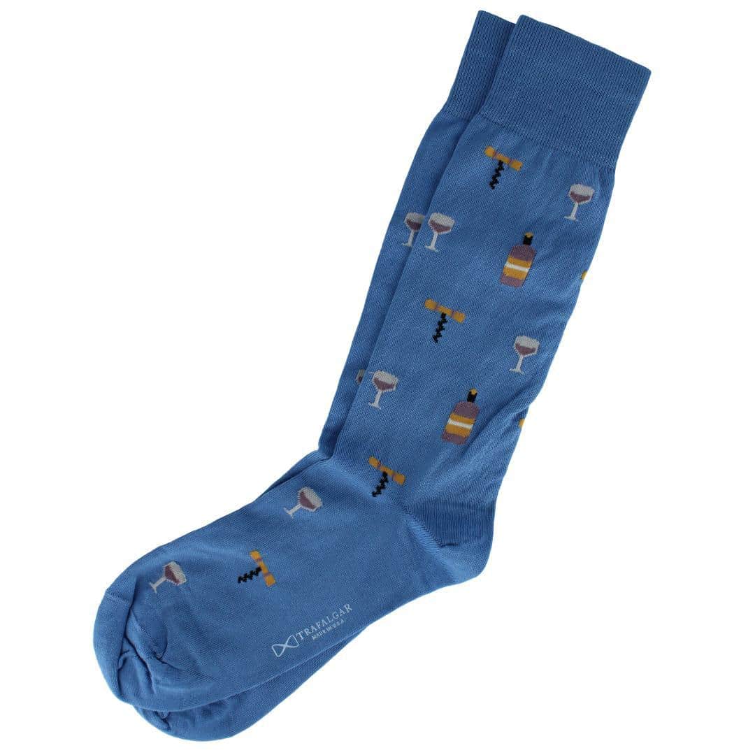 I'll Drink to That Wine Glass & Bottle Novelty Mid Calf Mercerized Cotton Sock (1 Pair) - Light Blue
