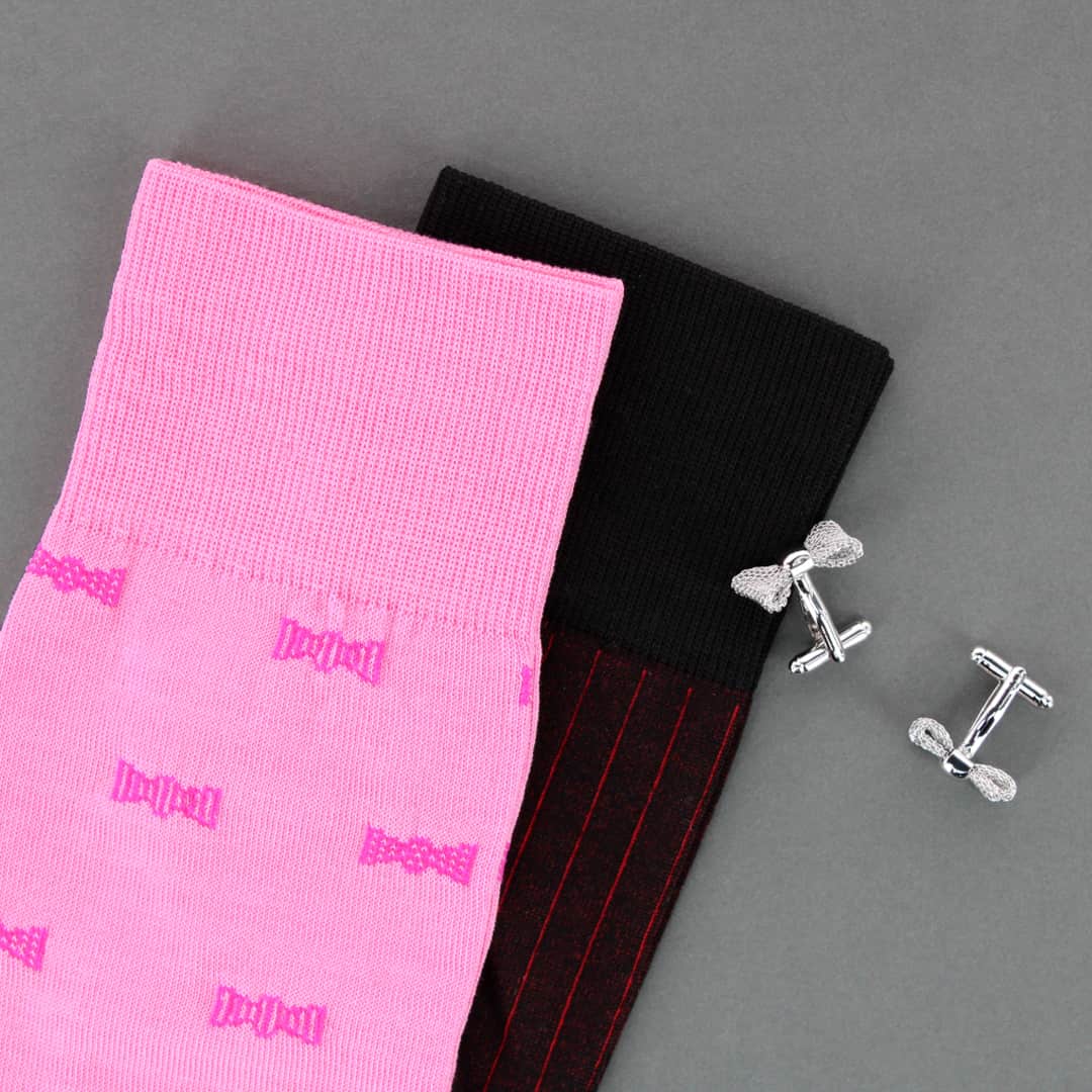 Dapper Bow Tie Novelty Mid Calf Mercerized Cotton Socks (1 Pair) - Pink