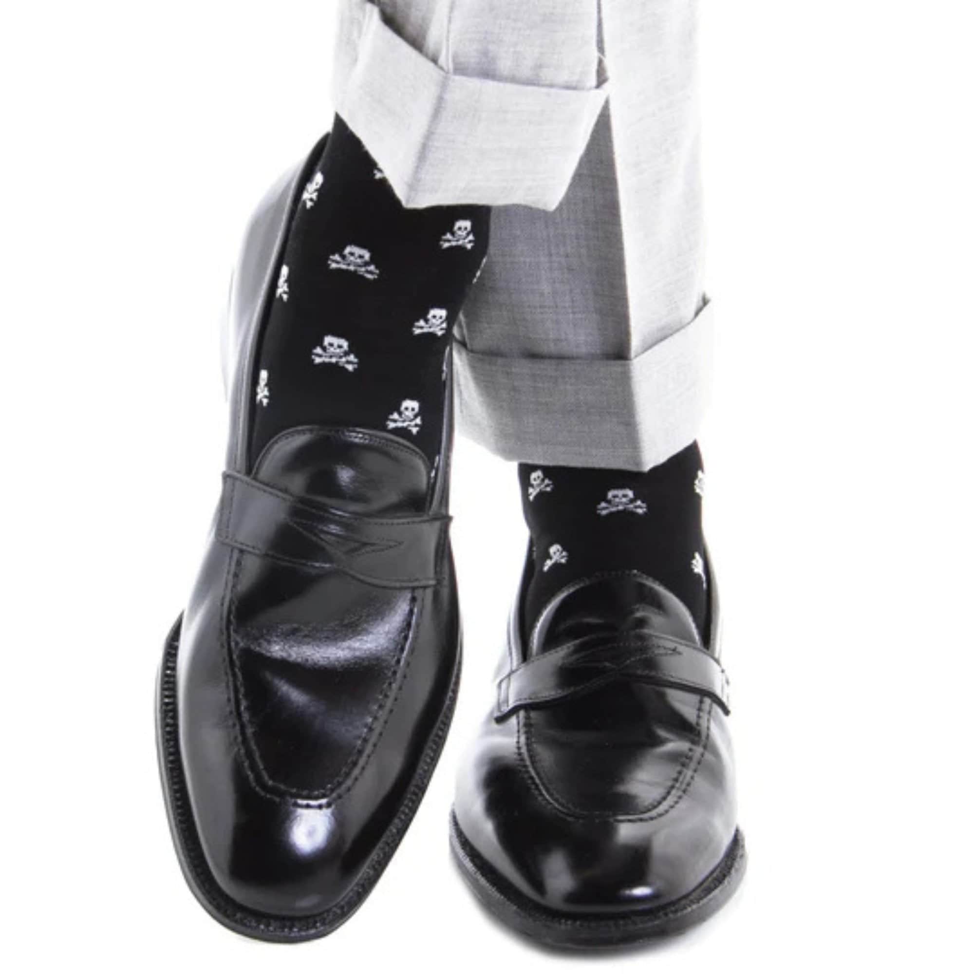 Rodger Skull and Cross Bones Over The Calf Mercerized Cotton Socks - Black