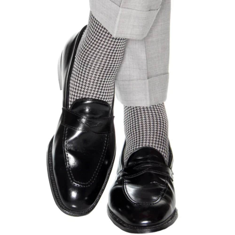 Doyle Houndstooth Design Mercerized Cotton Mid-Calf Socks - Black and Grey