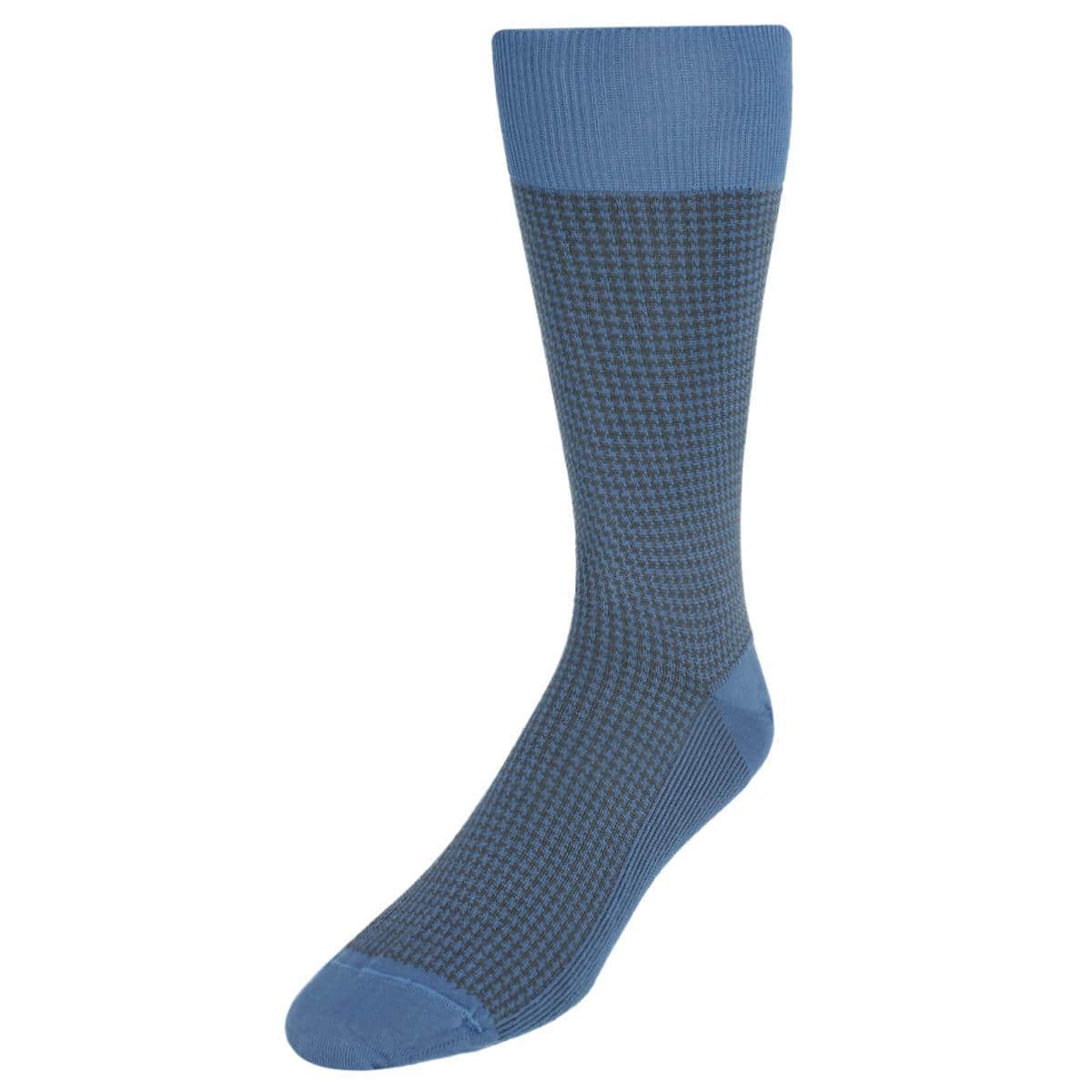 Doyle Houndstooth Design Mercerized Cotton Mid-Calf Socks - Grey and Light Blue