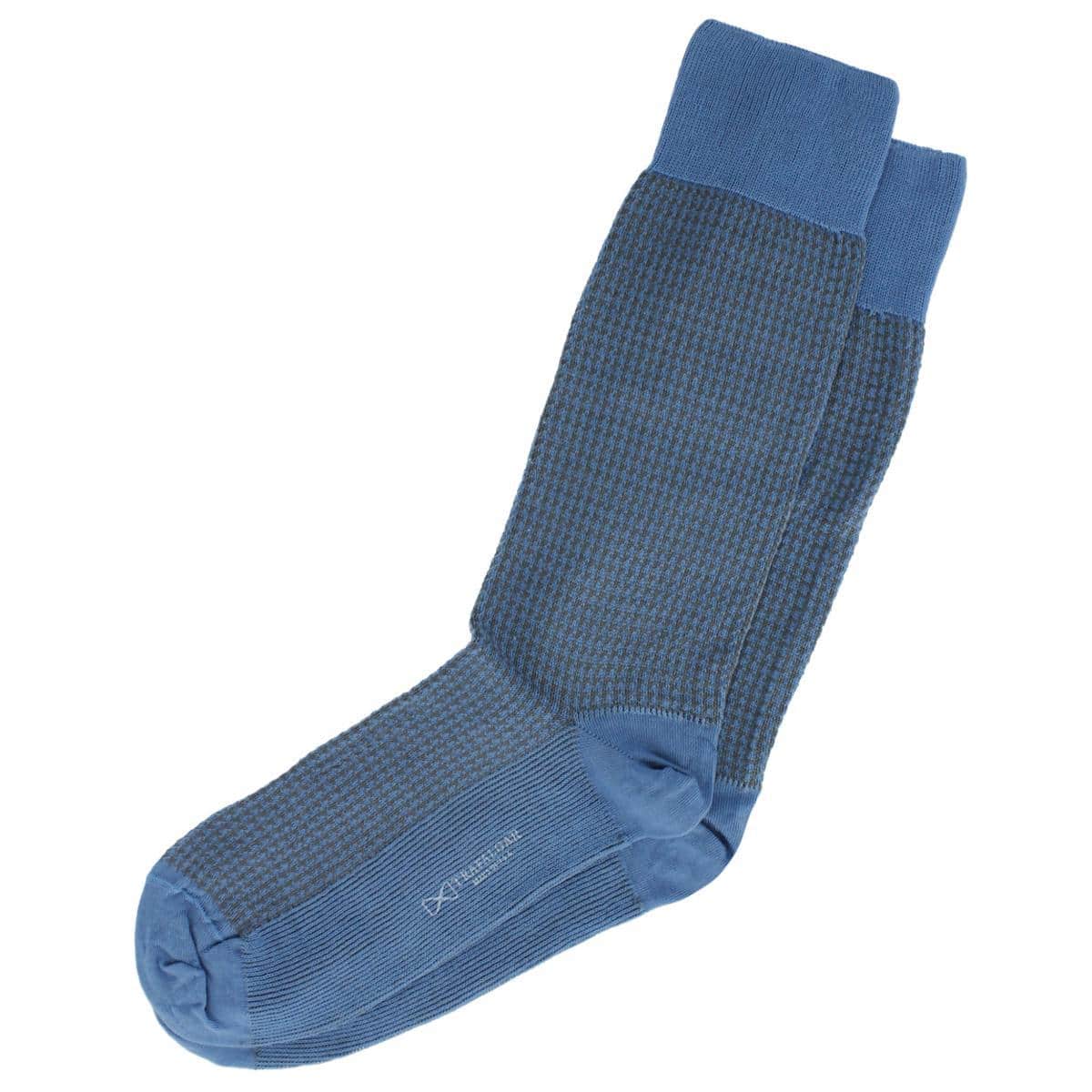 Doyle Houndstooth Design Mercerized Cotton Mid-Calf Socks - Grey and Light Blue