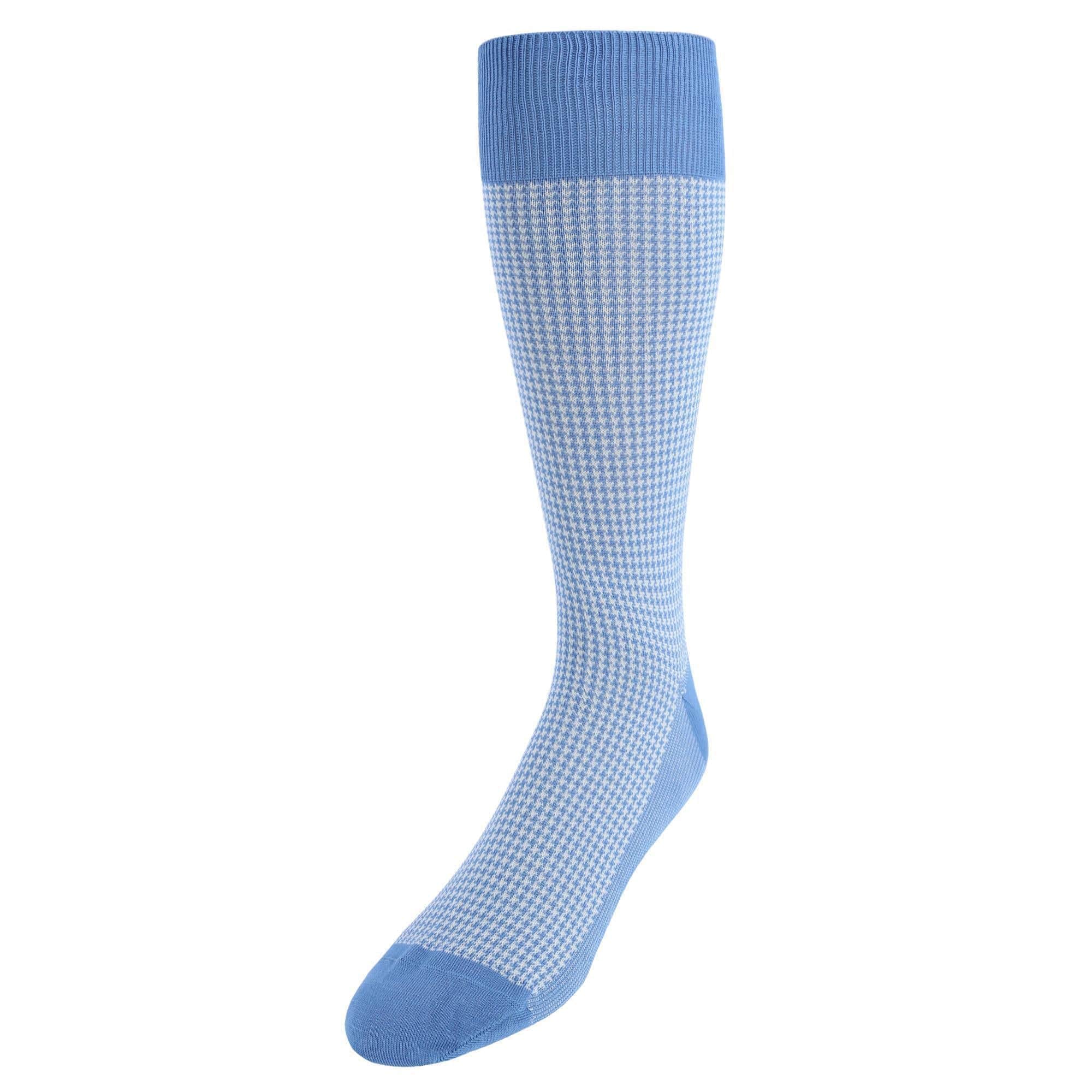 Doyle Houndstooth Design Mercerized Cotton Mid-Calf Socks - Light Blue
