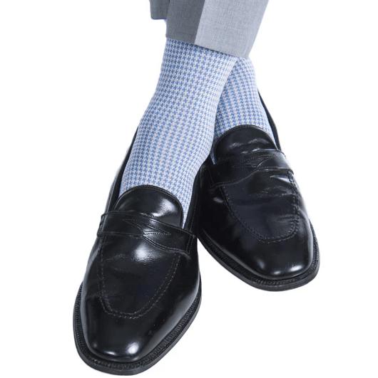 Doyle Houndstooth Design Mercerized Cotton Mid-Calf Socks - Light Blue