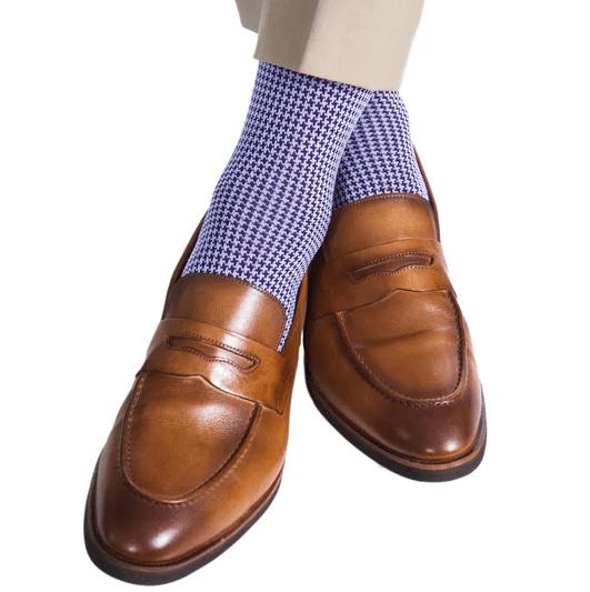 Doyle Houndstooth Design Mercerized Cotton Mid-Calf Socks - Purple and Lavender