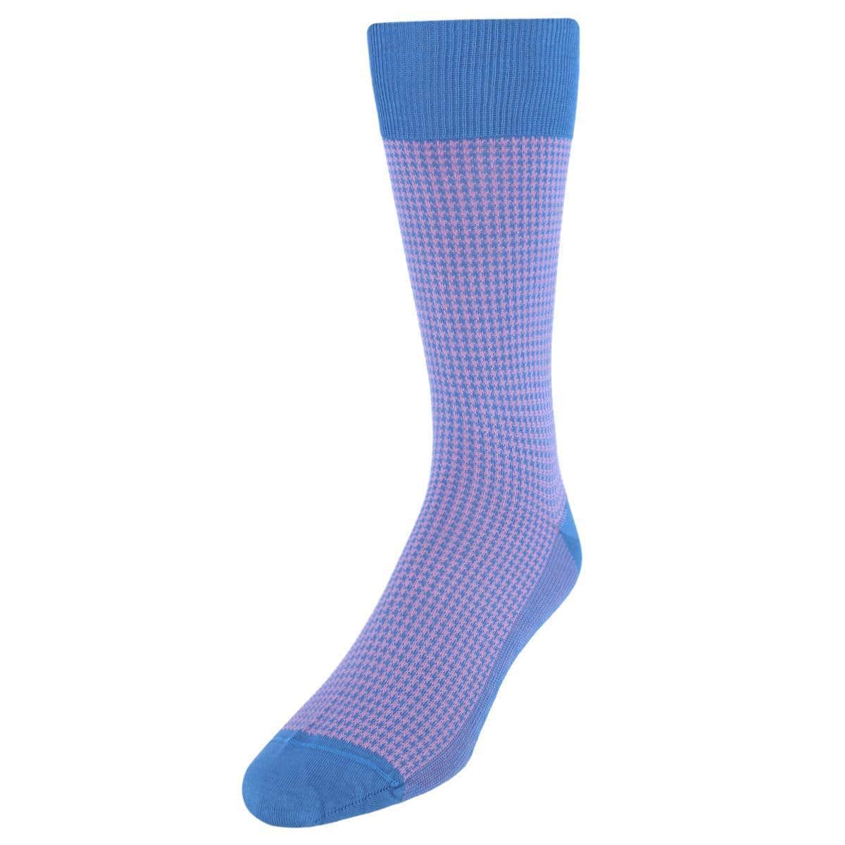 Doyle Houndstooth Design Mercerized Cotton Mid-Calf Socks - Blue with Pink