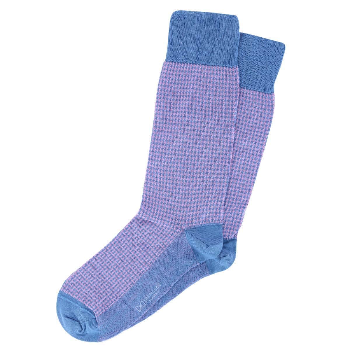 Doyle Houndstooth Design Mercerized Cotton Mid-Calf Socks - Blue with Pink