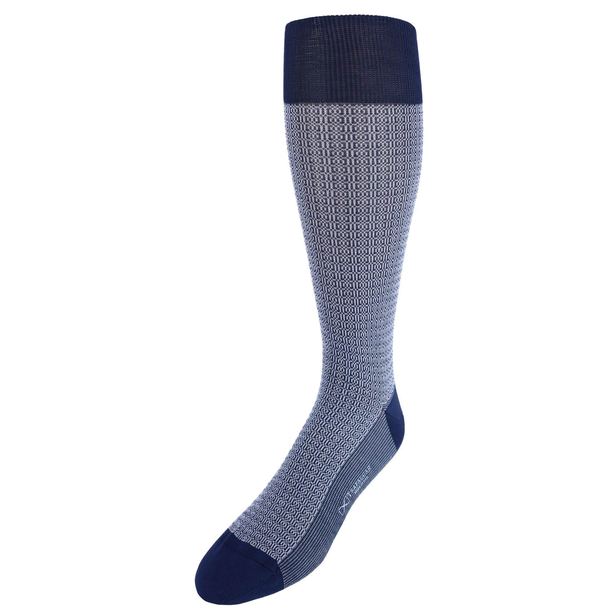 Bernard Chain Link Mercerized Cotton Mid-Calf Socks - Navy with Light Blue