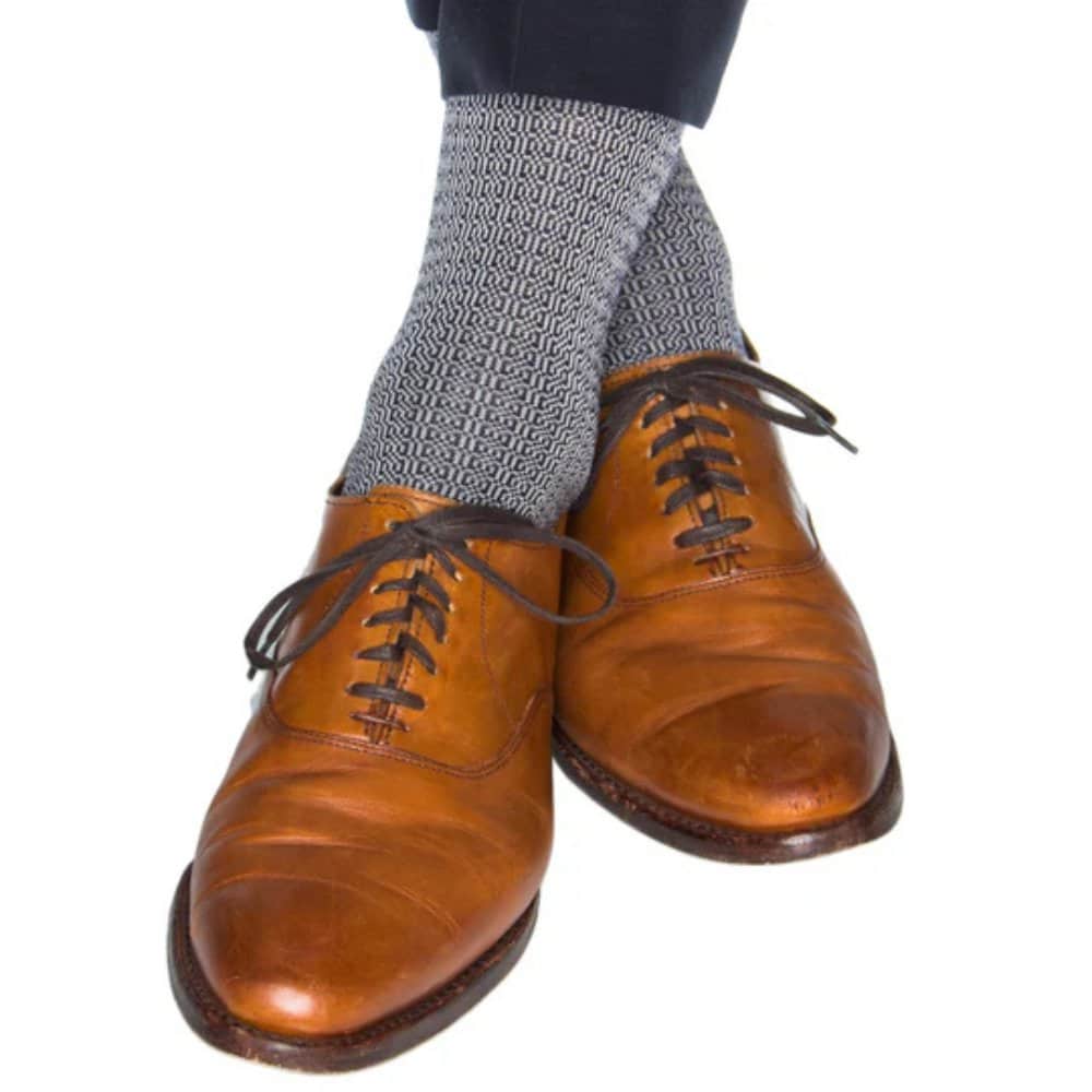 Bernard Chain Link Mercerized Cotton Mid-Calf Socks - Navy with Light Blue