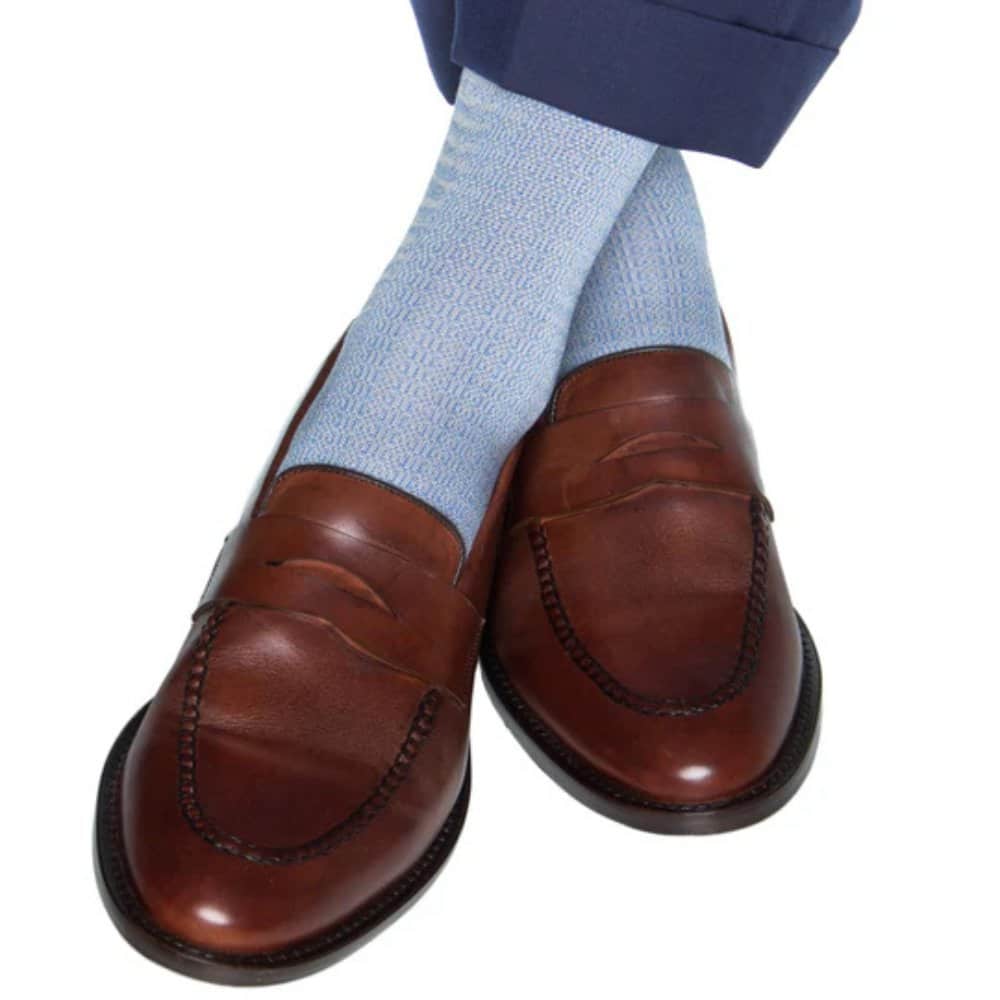 Bernard Chain Link Mercerized Cotton Mid-Calf Socks - Light Blue with Grey