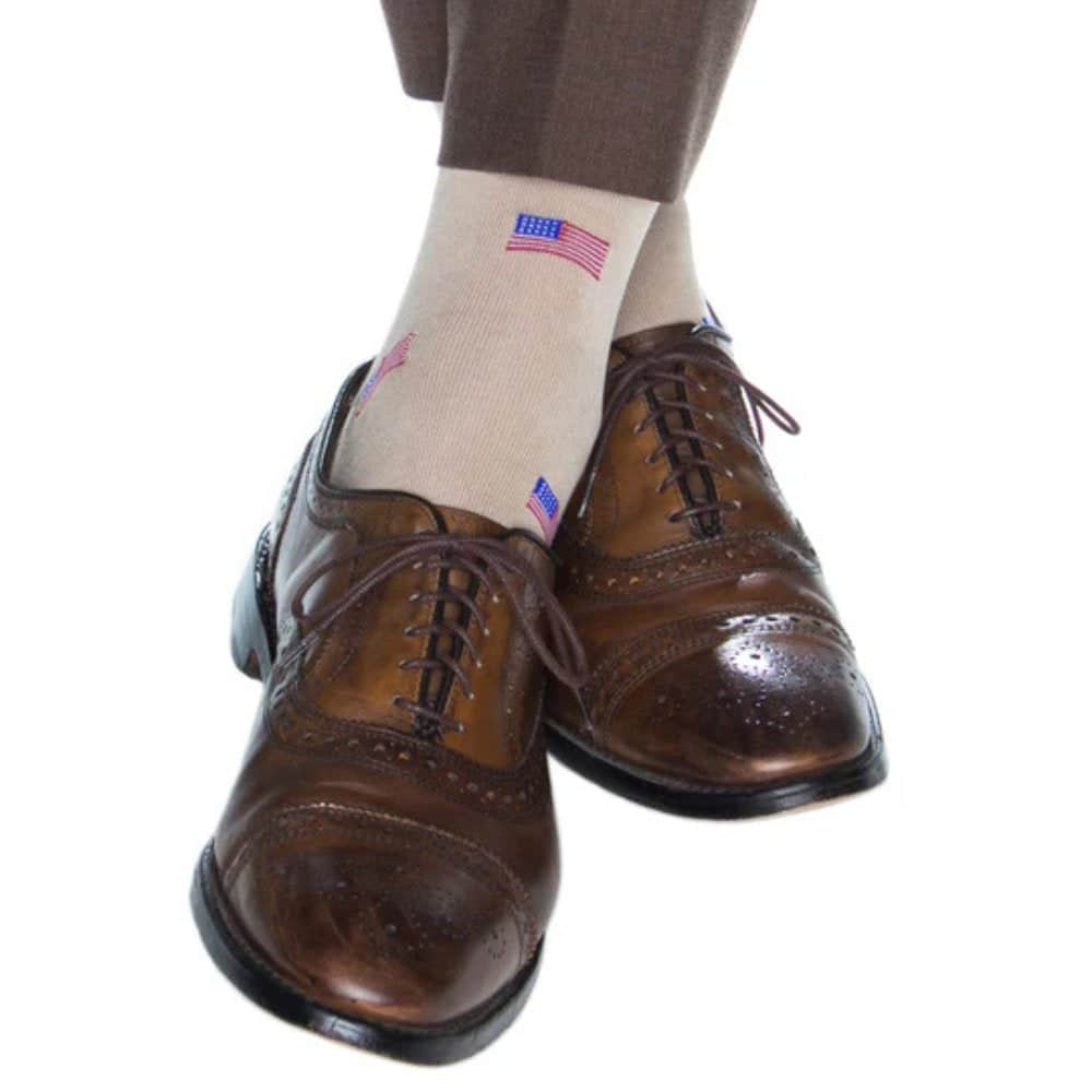Old Glory American Flag Mercerized Cotton Mid-Calf Socks - Tan