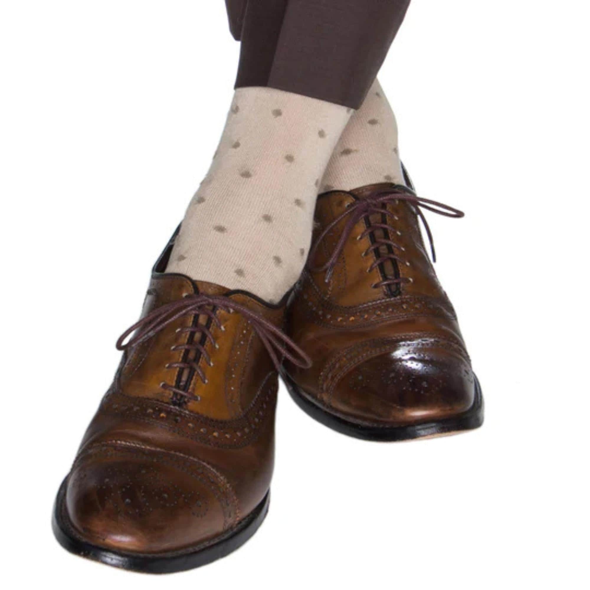 Leo Polka Dot Mercerized Cotton Mid-Calf Socks - Tan with Taupe Dots