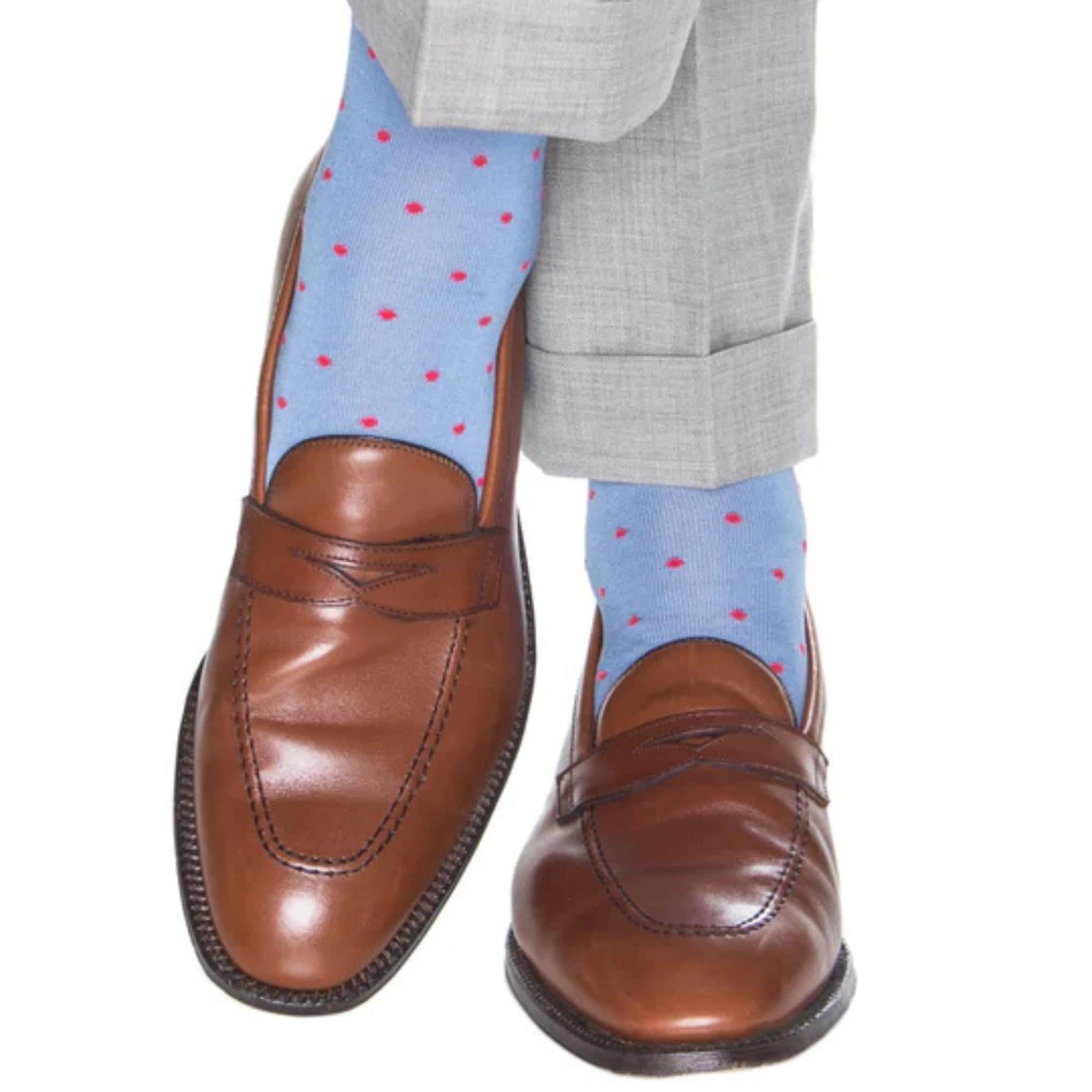 Leo Polka Dot Mercerized Cotton Mid-Calf Socks - Light Blue with Coral Dots