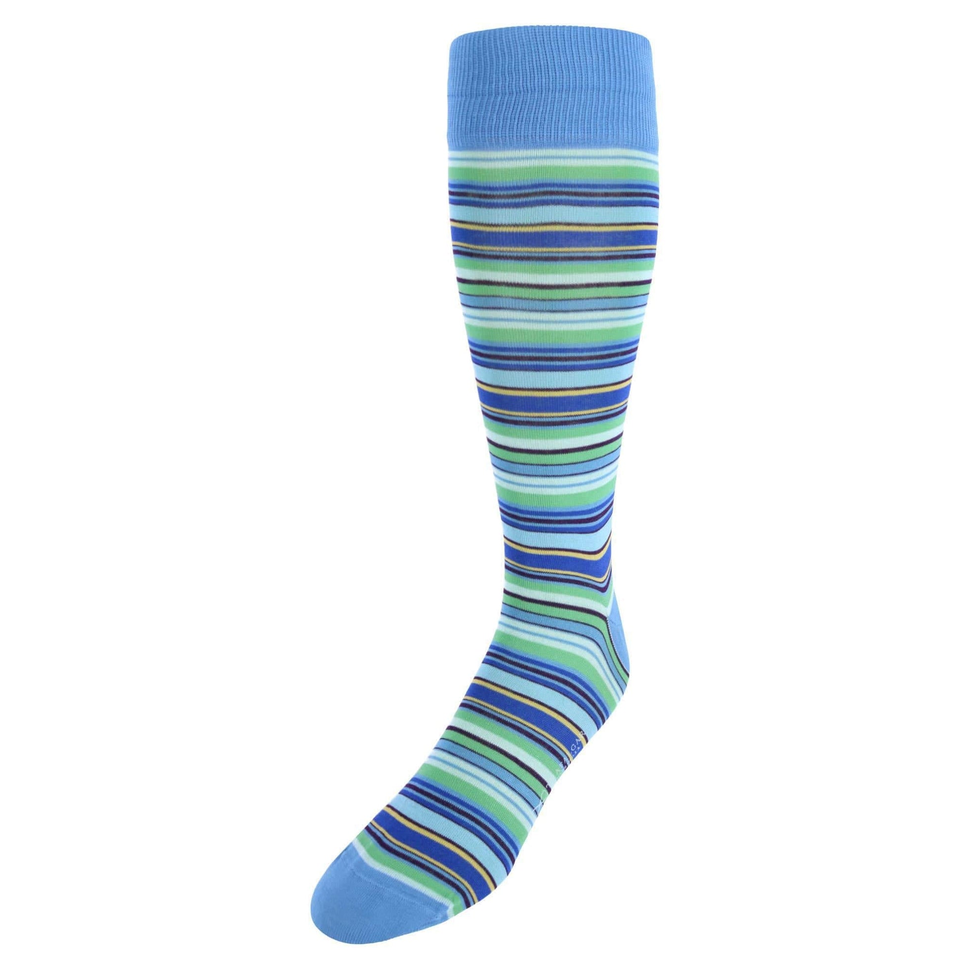 Brady Multi Stripe Mid-Calf Mercerized Cotton Socks - Blue, Green, Yellow Stripes