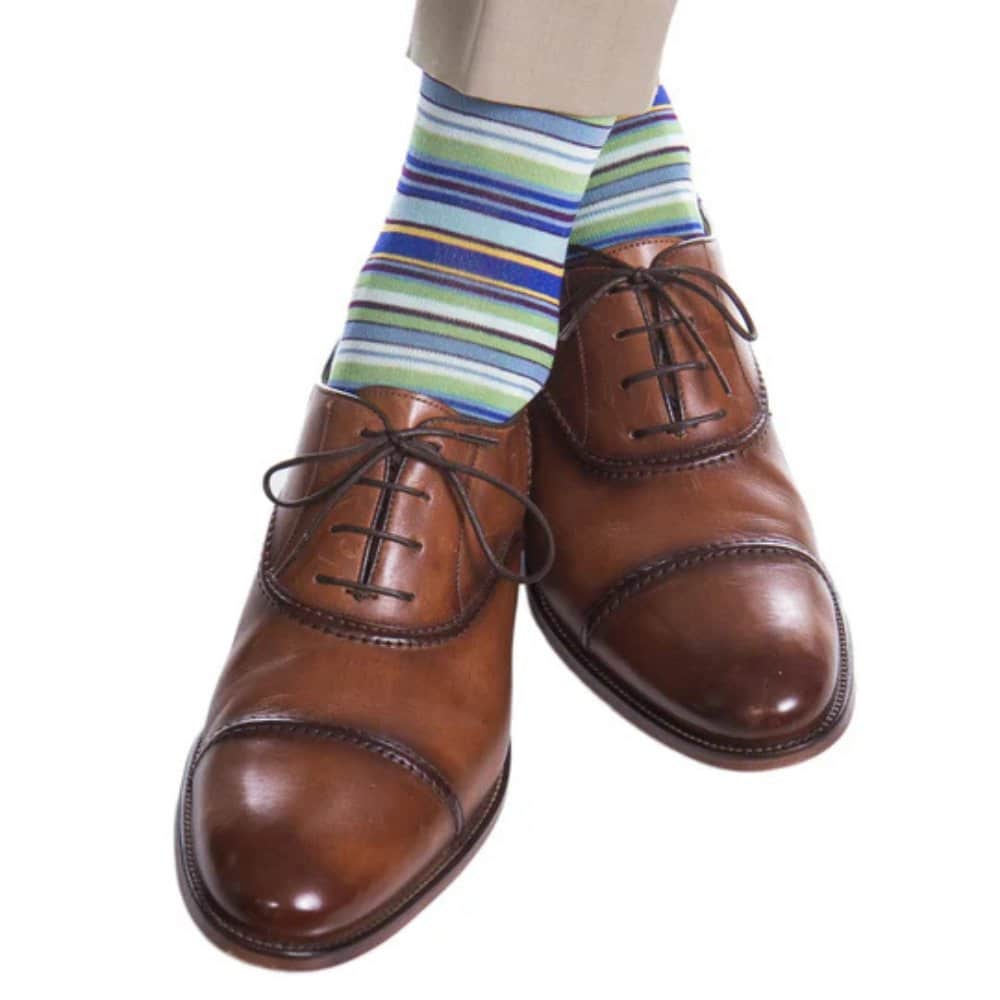 Brady Multi Stripe Mid-Calf Mercerized Cotton Socks - Blue, Green, Yellow Stripes