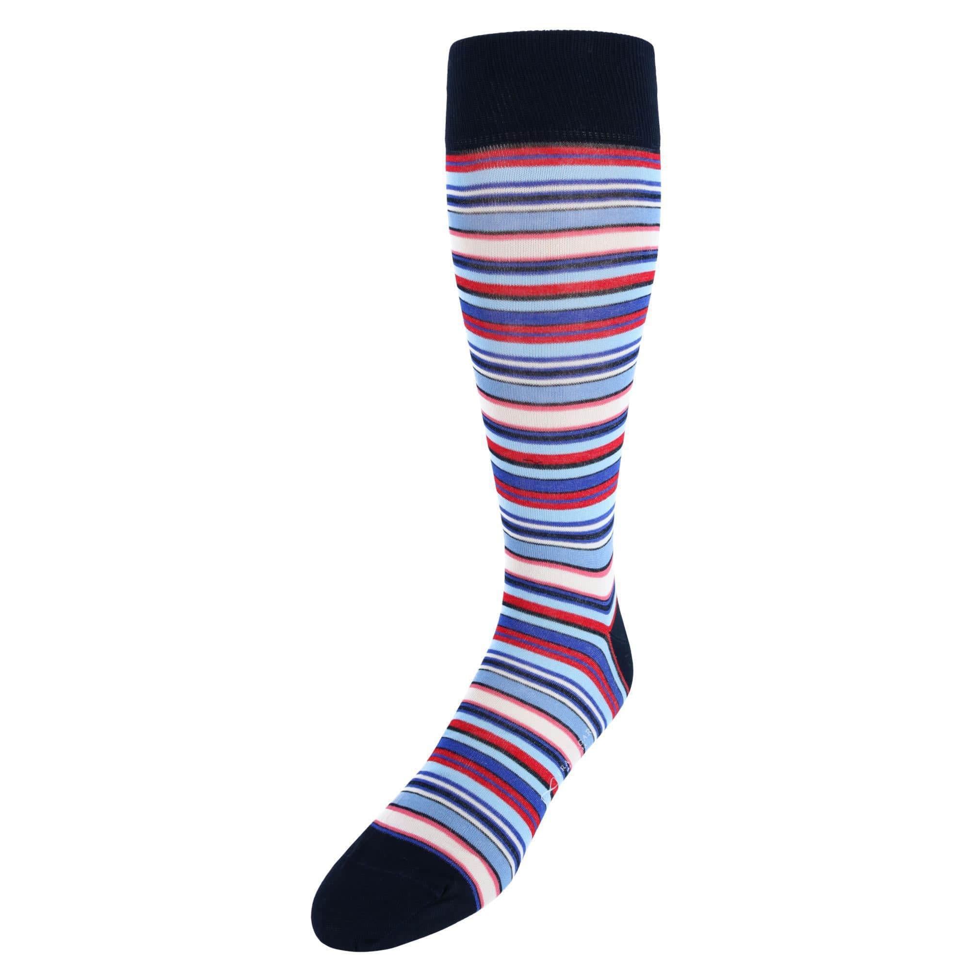 Brady Multi Stripe Mid-Calf Mercerized Cotton Socks - Navy, Light Blue, Cream Stripes