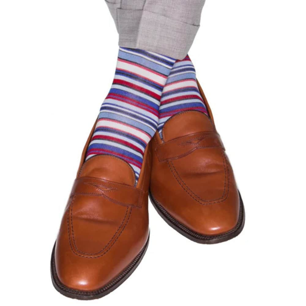 Brady Multi Stripe Mid-Calf Mercerized Cotton Socks - Navy, Light Blue, Cream Stripes