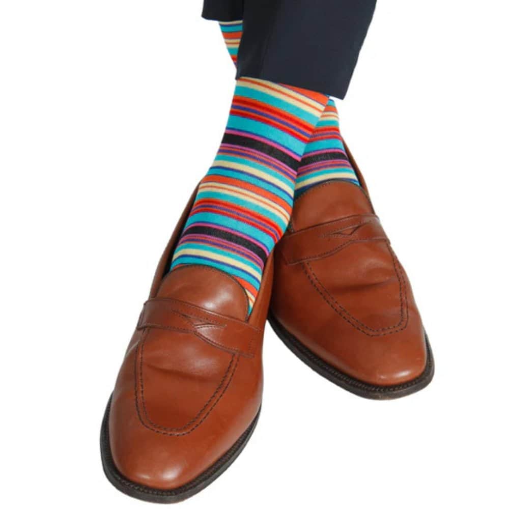 Brady Multi Stripe Mid-Calf Mercerized Cotton Socks - Red, Yellow, Light Blue