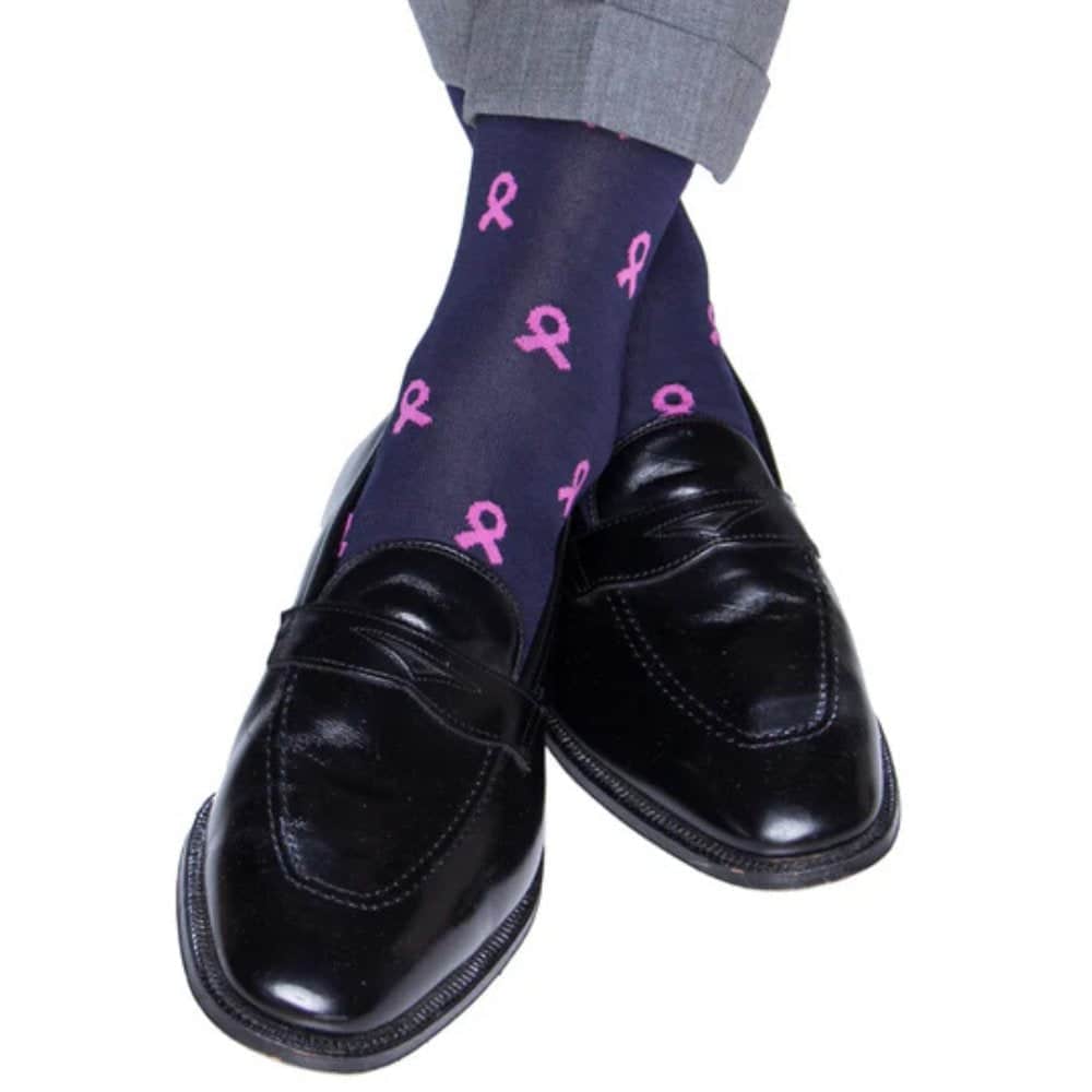 Breast Cancer Awareness Mid-Calf Mercerized Cotton Socks - Navy with Pink Ribbons
