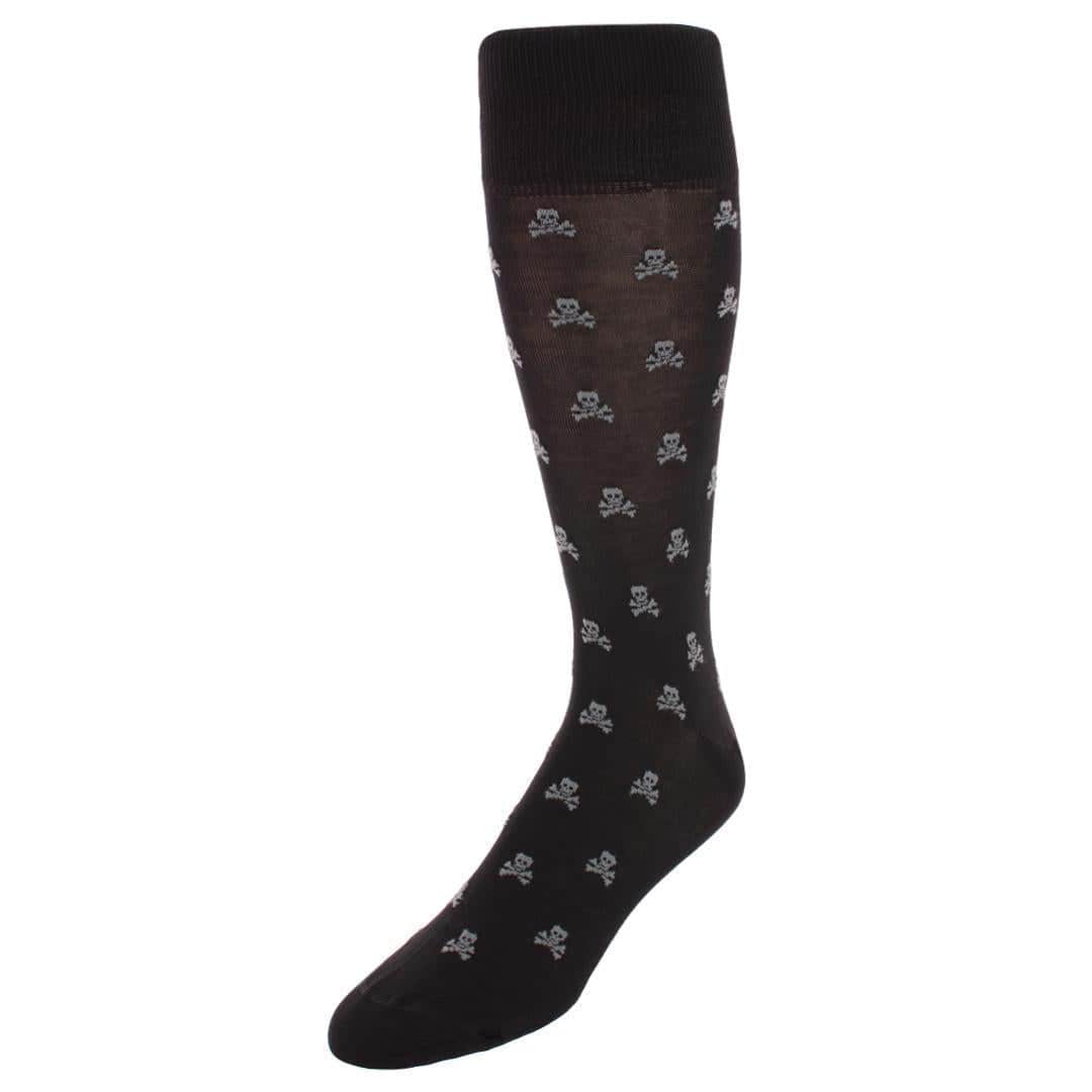 Rodger Skull and Cross Bones Mercerized Cotton Mid-Calf Socks - Black with Steel