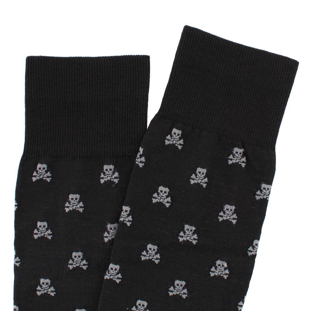 Rodger Skull and Cross Bones Mercerized Cotton Mid-Calf Socks - Black with Steel