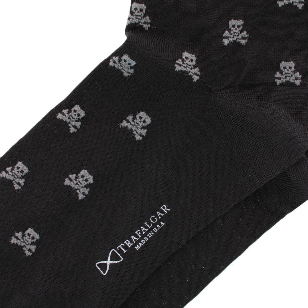 Rodger Skull and Cross Bones Mercerized Cotton Mid-Calf Socks - Black with Steel