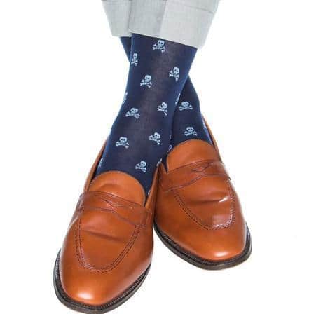 Rodger Skull and Cross Bones Mercerized Cotton Mid-Calf Socks - Navy