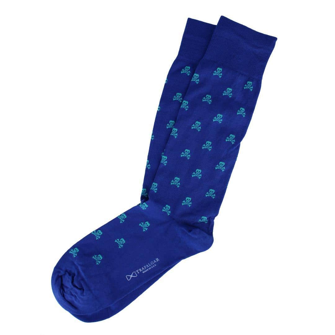 Rodger Skull and Cross Bones Mercerized Cotton Mid-Calf Socks - Royal Blue with Ceramic