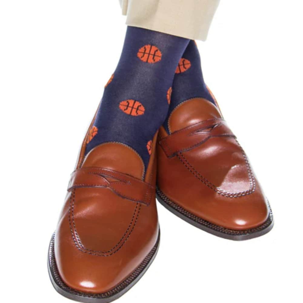 Three Point Shot Basketball Novelty Mercerized Cotton Mid-Calf Socks - Navy Blue