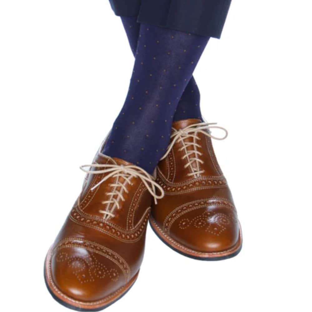 Gerald Classic Pin Dot Mercerized Cotton Mid-Calf Socks - Navy with Gold Pindot