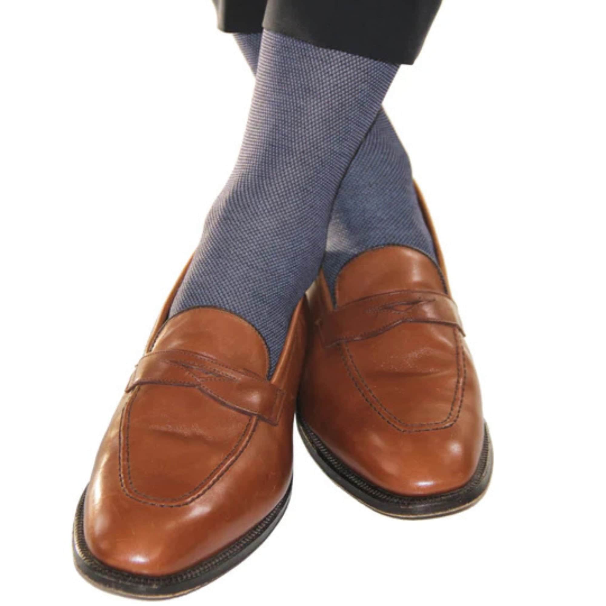 Noah Nail head Design Over The Calf Mercerized Cotton Socks - Navy and Light Blue