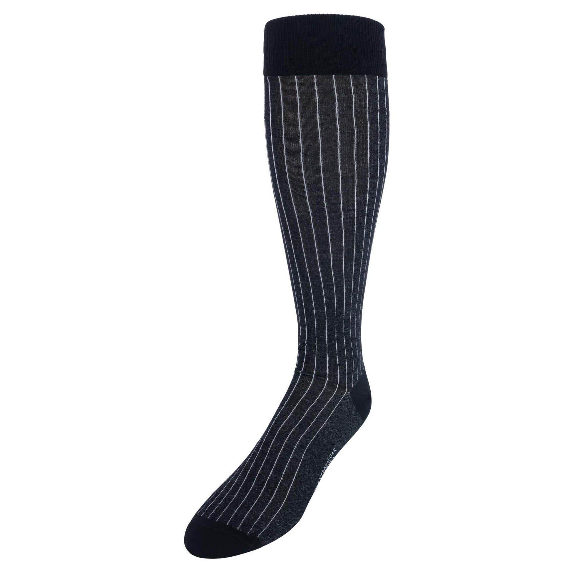 Nigel Over The Calf Vertical Stripe Mercerized Cotton Socks - Black with Grey Stripe