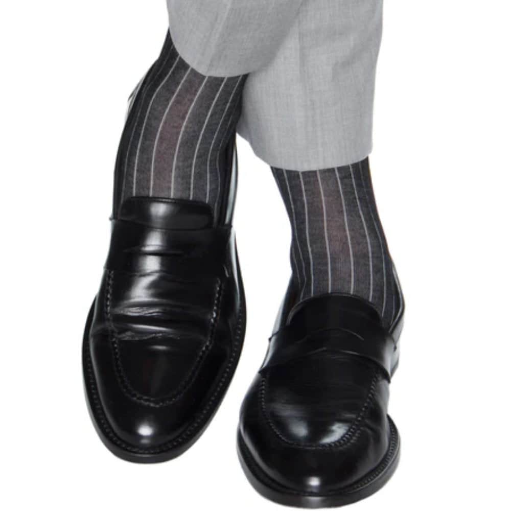 Nigel Over The Calf Vertical Stripe Mercerized Cotton Socks - Black with Grey Stripe