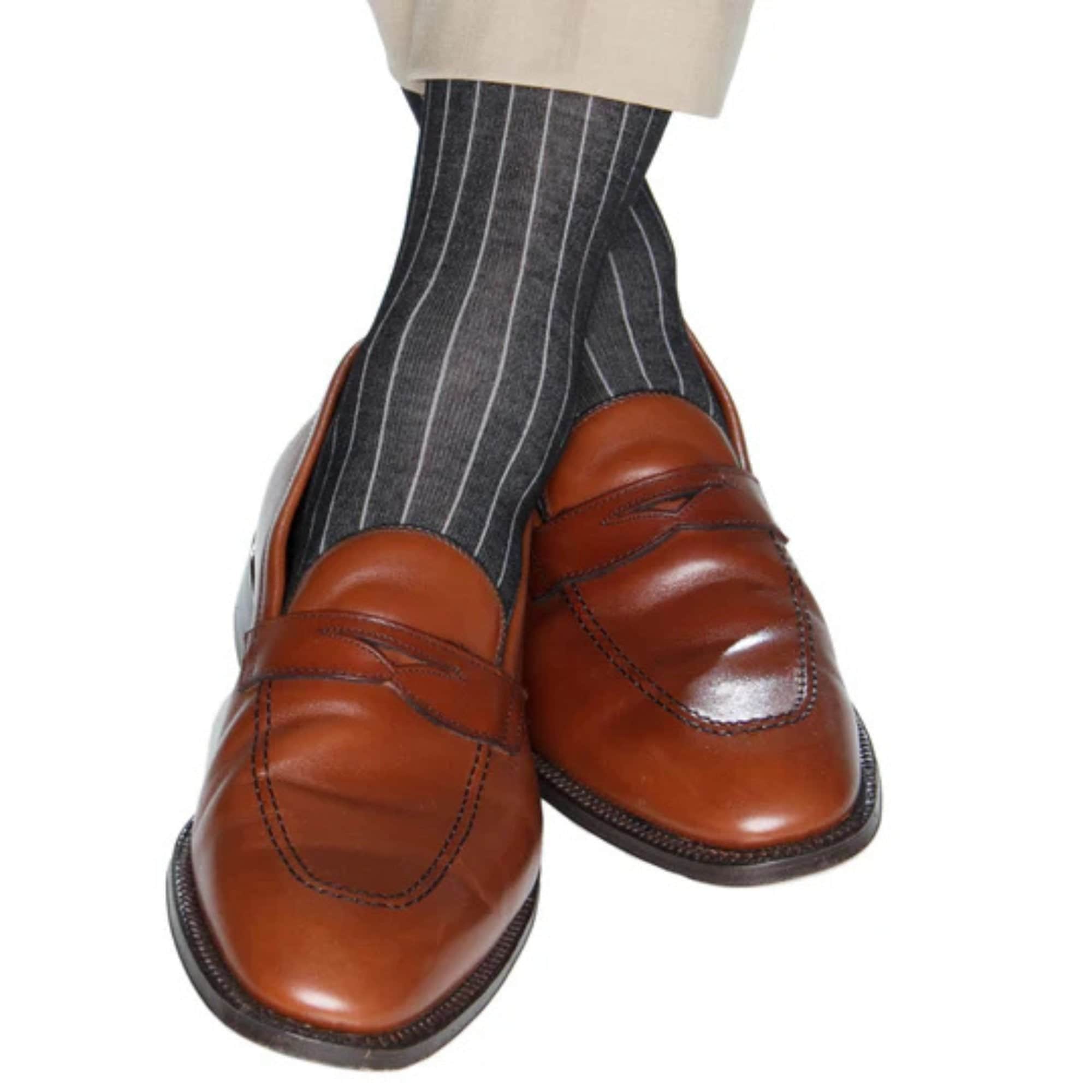 Nigel Over The Calf Vertical Stripe Mercerized Cotton Socks - Black with Grey Stripe