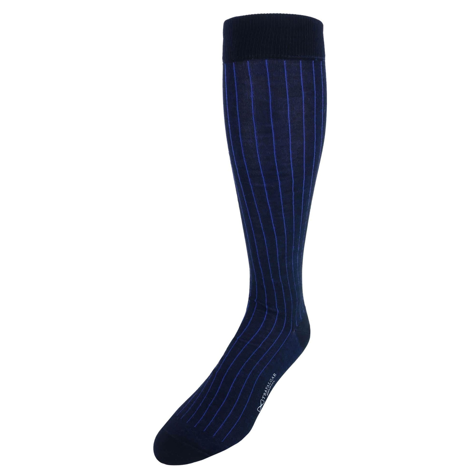 Nigel Over The Calf Vertical Stripe Mercerized Cotton Socks - Navy with Blue Stripe