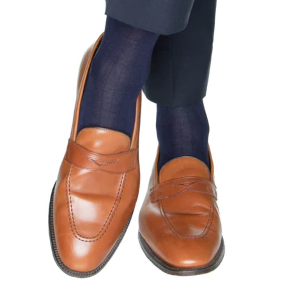 Jasper Ribbed Over The Calf Solid Color Mercerized Cotton Socks - Navy Blue