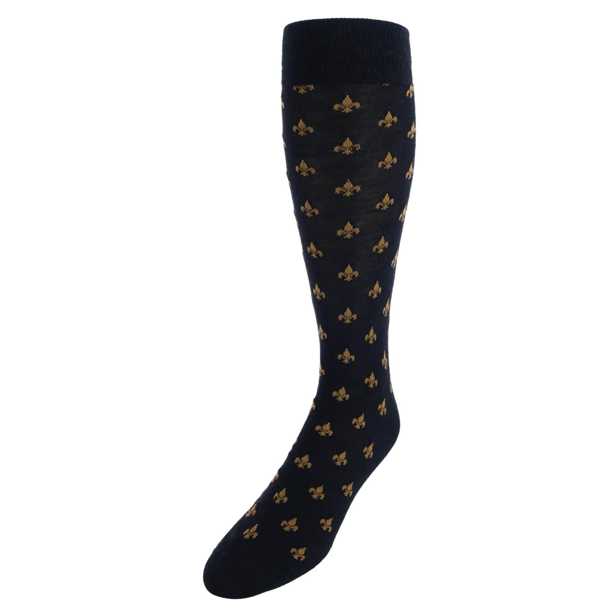 Atlas Fleur De Lis Over The Calf Fine Merino Wool Socks (1 Pair) - Black and Gold Fleur di Lis