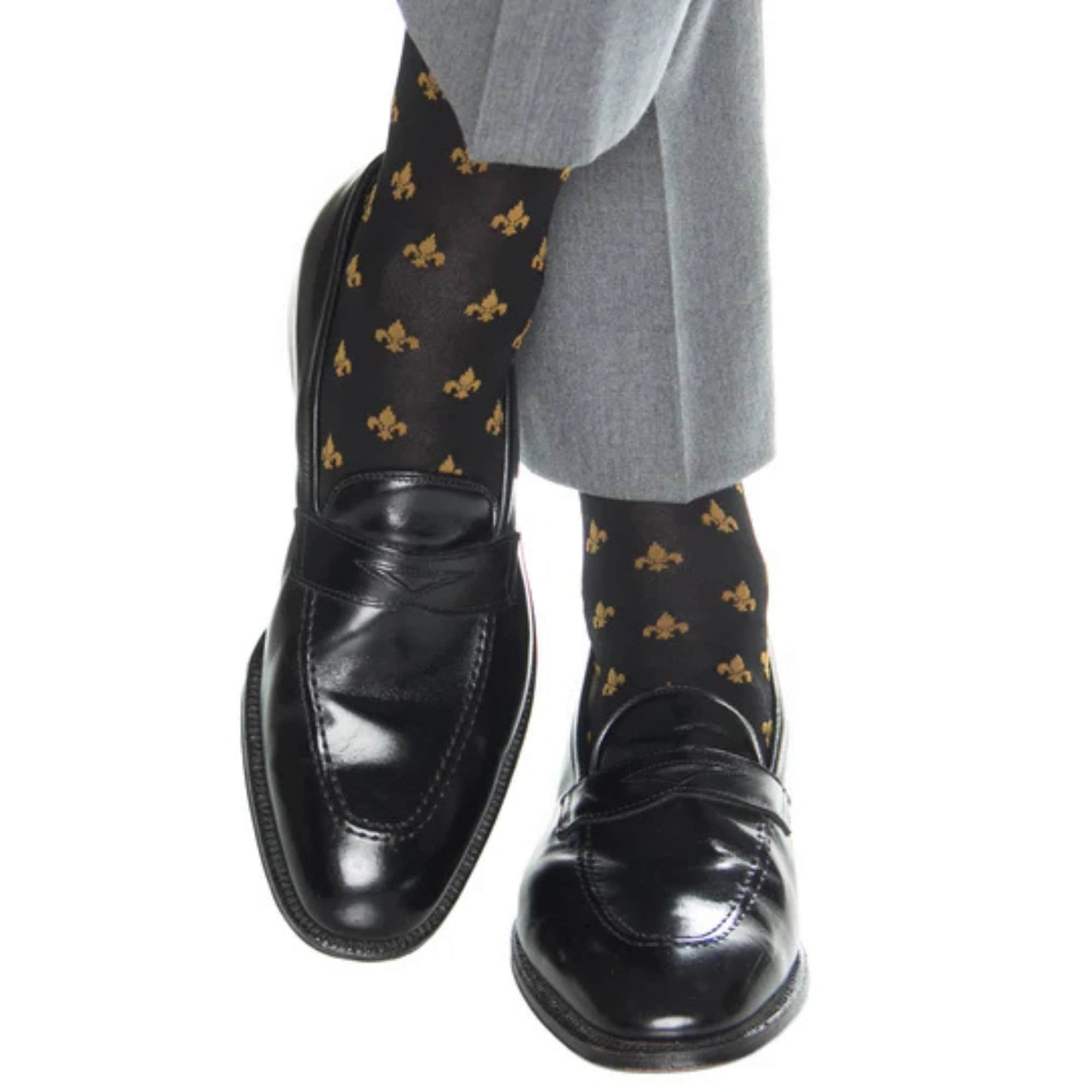 Atlas Fleur De Lis Over The Calf Fine Merino Wool Socks (1 Pair) - Black and Gold Fleur di Lis