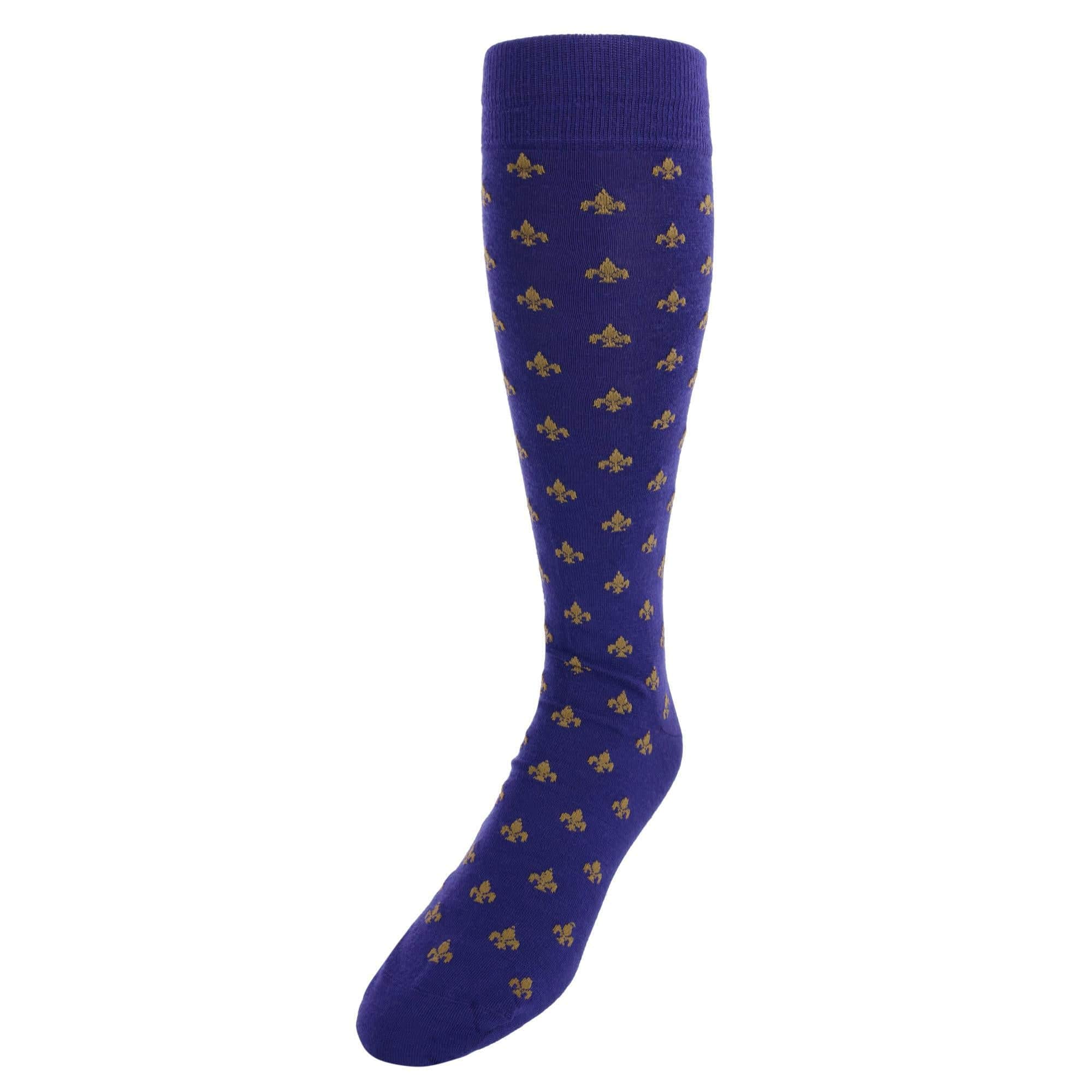 Atlas Fleur De Lis Over The Calf Fine Merino Wool Socks (1 Pair) - Purple and Gold Fleur di Lis