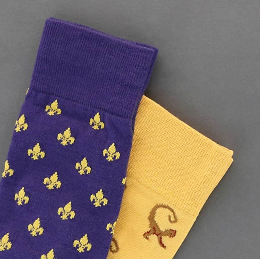 Atlas Fleur De Lis Over The Calf Fine Merino Wool Socks (1 Pair) - Purple and Gold Fleur di Lis