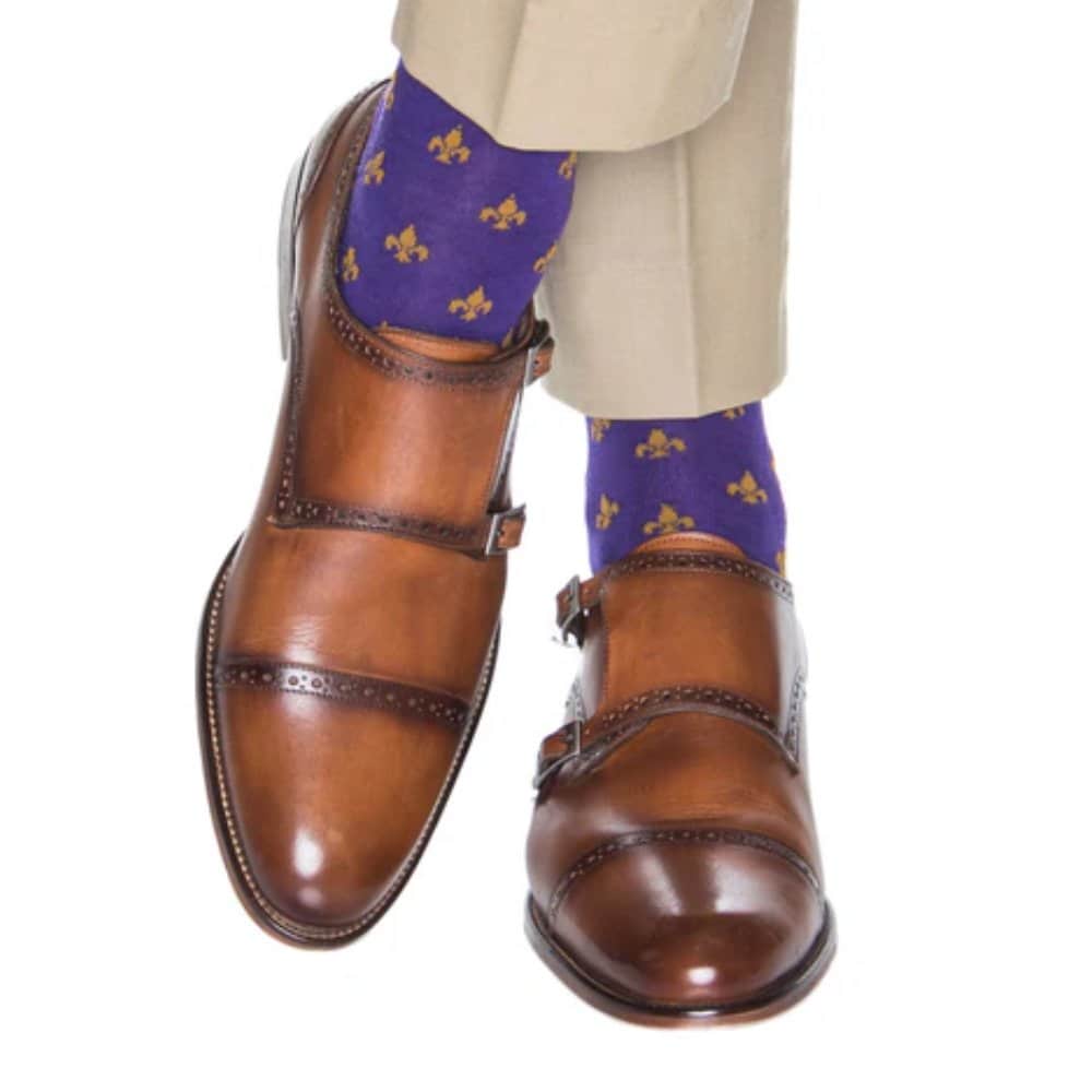 Atlas Fleur De Lis Over The Calf Fine Merino Wool Socks (1 Pair) - Purple and Gold Fleur di Lis