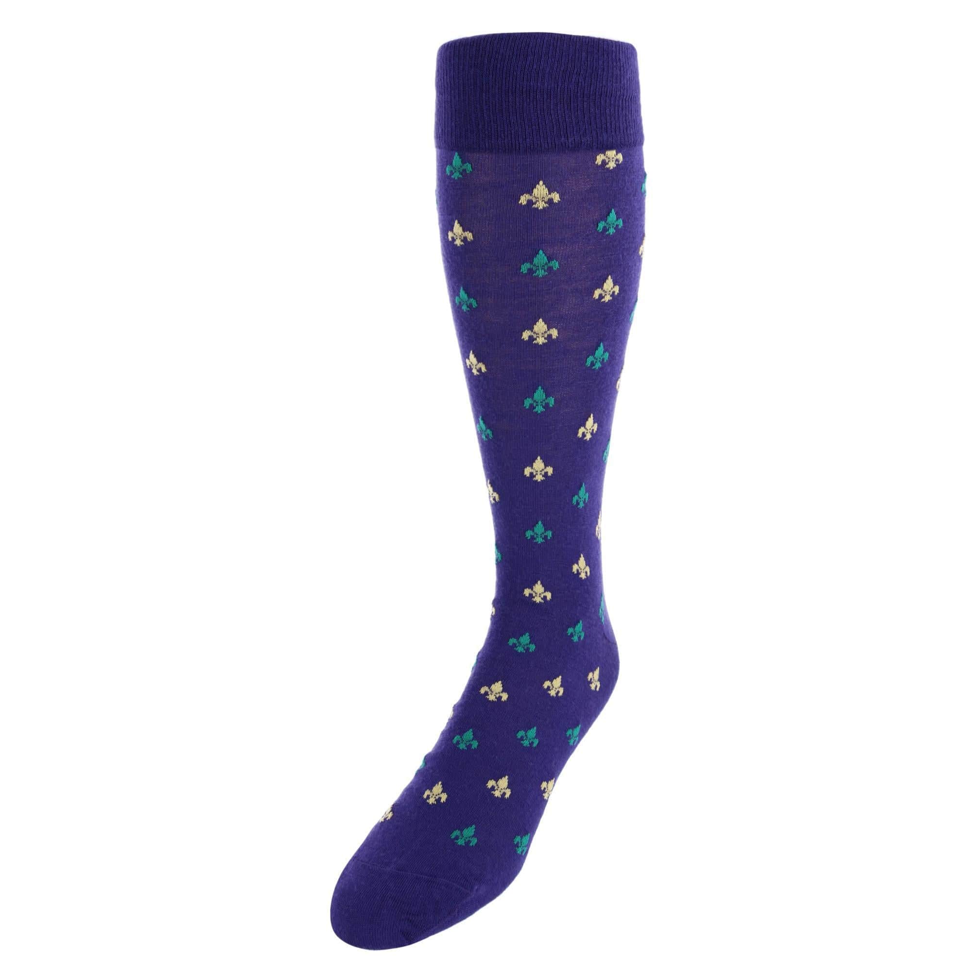 Atlas Fleur De Lis Over The Calf Fine Merino Wool Socks (1 Pair) - Purple/Green/Yolk Fleur di Lis