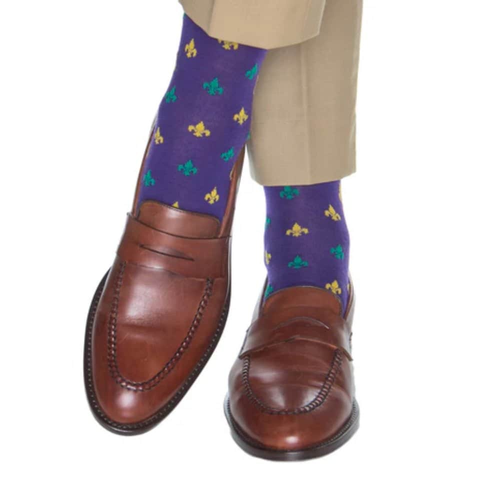 Atlas Fleur De Lis Over The Calf Fine Merino Wool Socks (1 Pair) - Purple/Green/Yolk Fleur di Lis