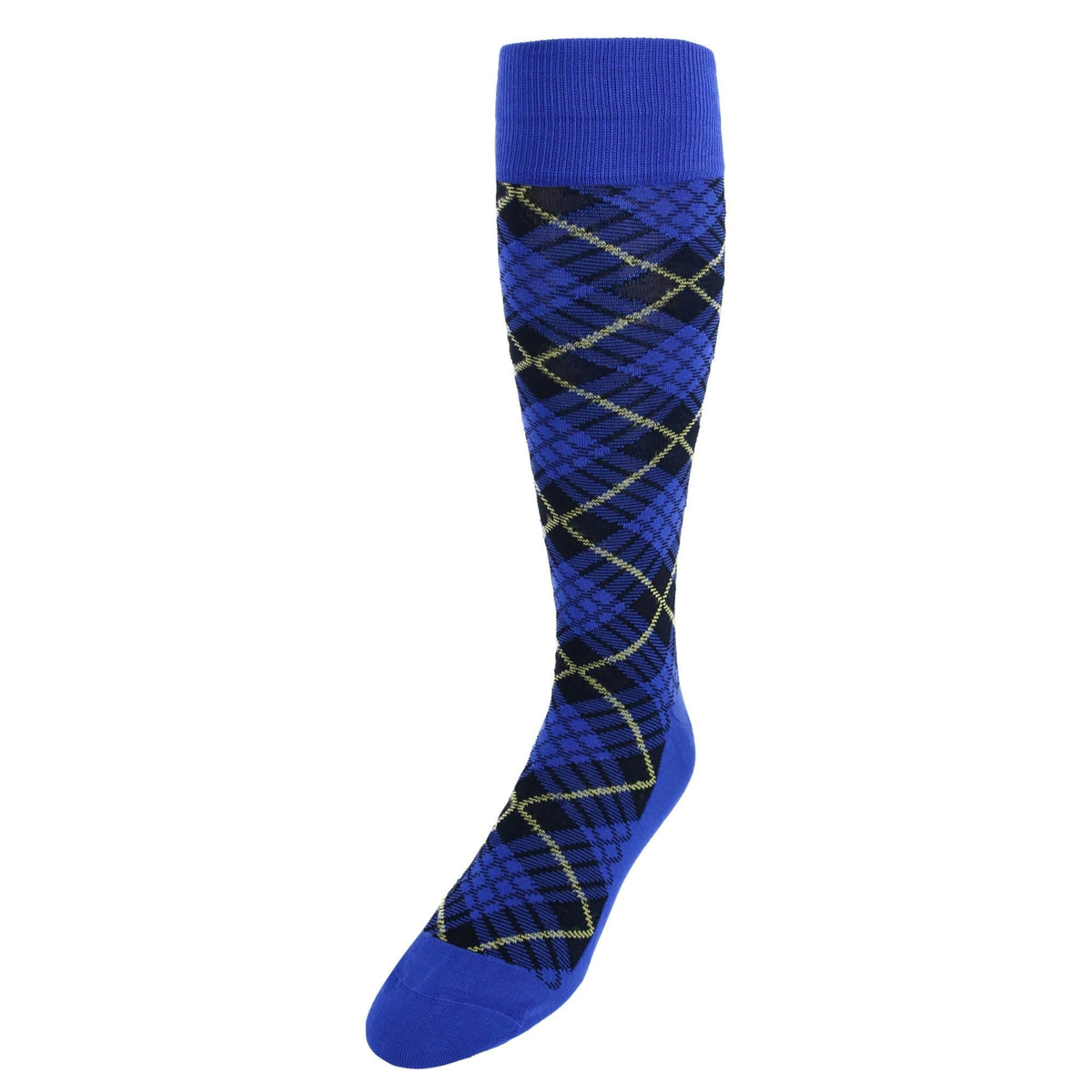 Finn Tartan Plaid Over The Calf Mercerized Cotton Socks - Clematis Blue/Navy/Yolk Tartan Plaid