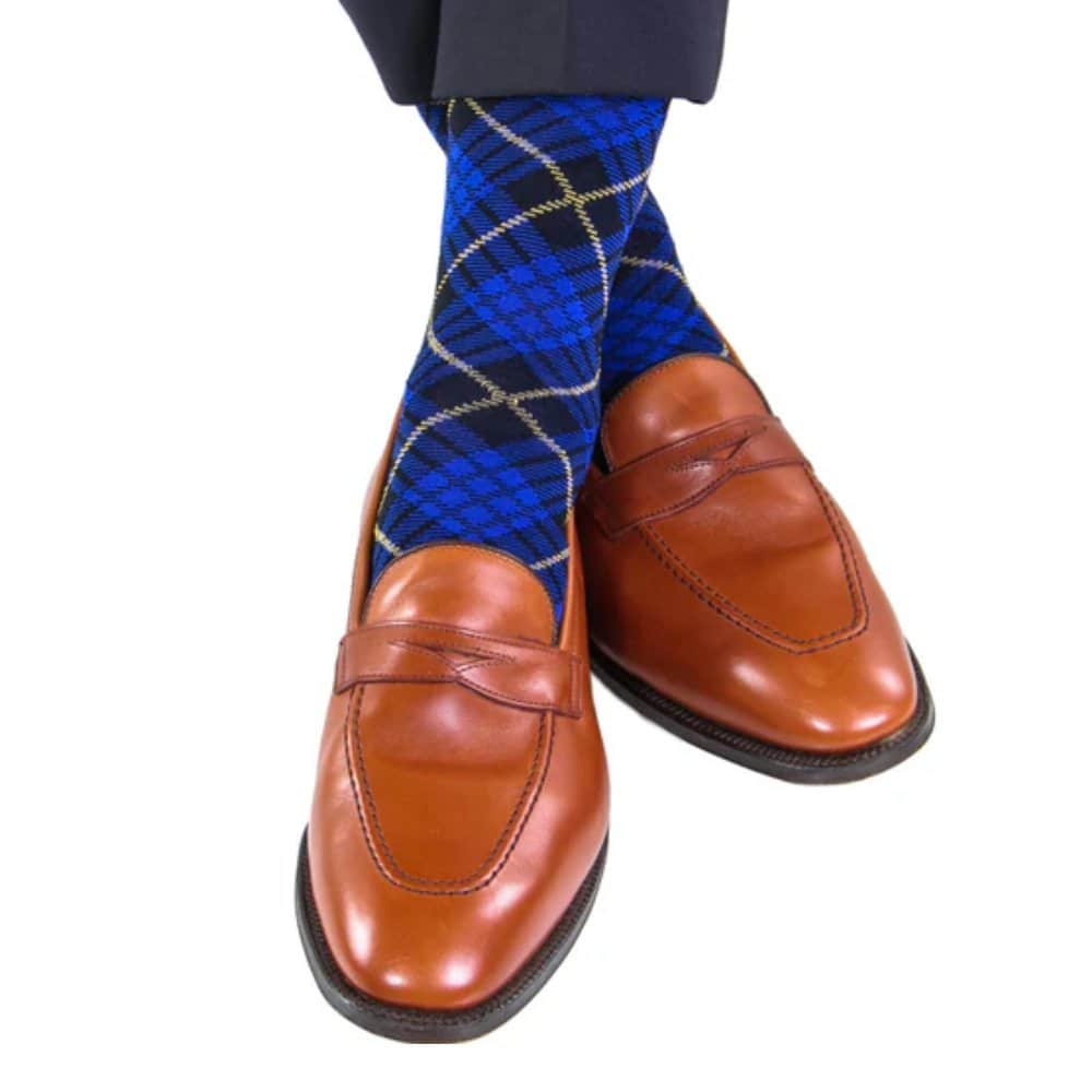 Finn Tartan Plaid Over The Calf Mercerized Cotton Socks - Clematis Blue/Navy/Yolk Tartan Plaid